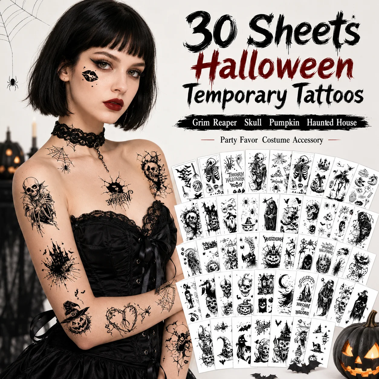 30 Sheets Halloween Body Art Stickers Goth Grim Reaper Skeleton Ghost Pumpkin Temporary Tattoos for Cosplay Party Face Arm Use