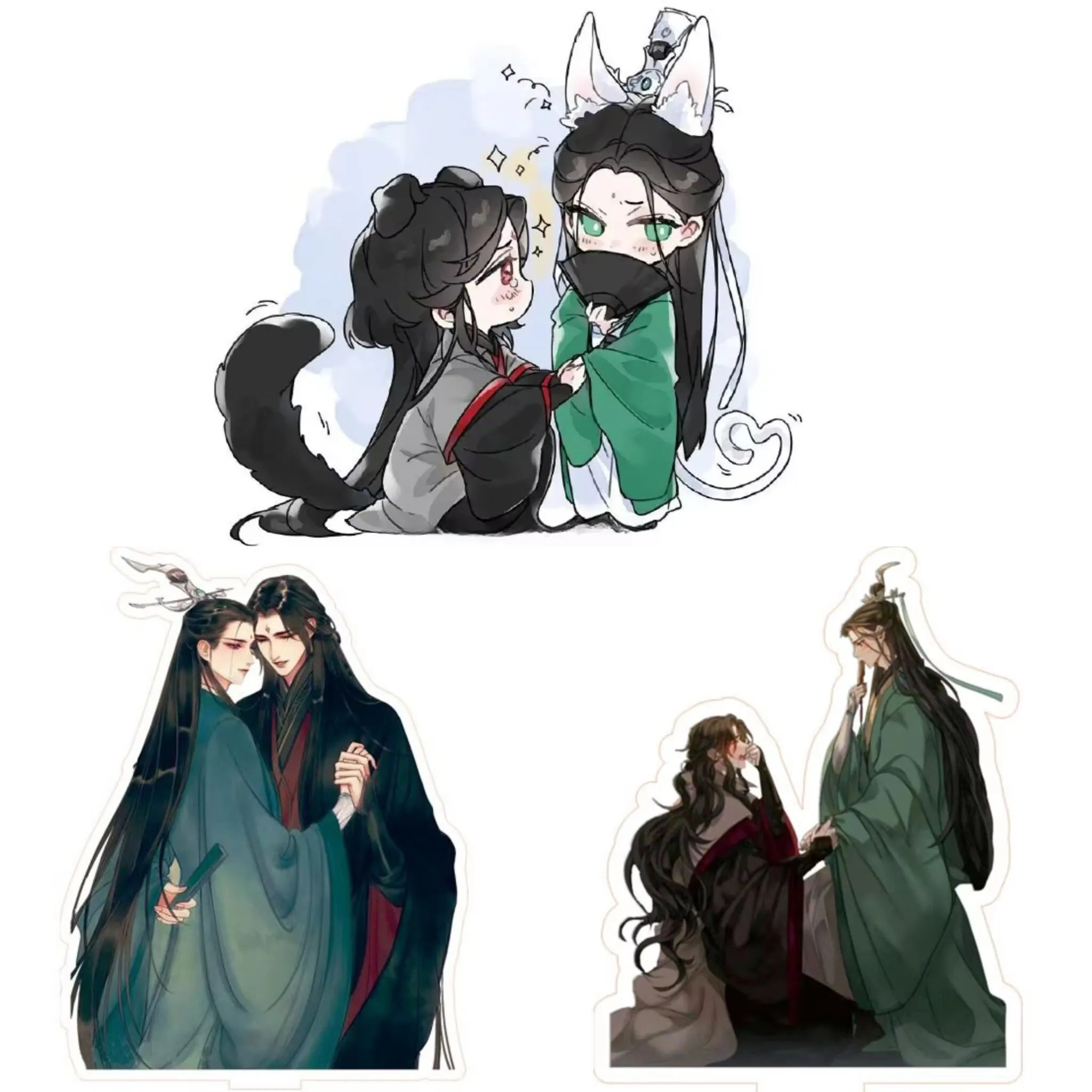 "악당과 악당을 위한 자가 구조 시스템" 주변에 "Shen Qingqiu와 Luo Binghe"라는 아크릴 스탠딩 사인이 있습니다.