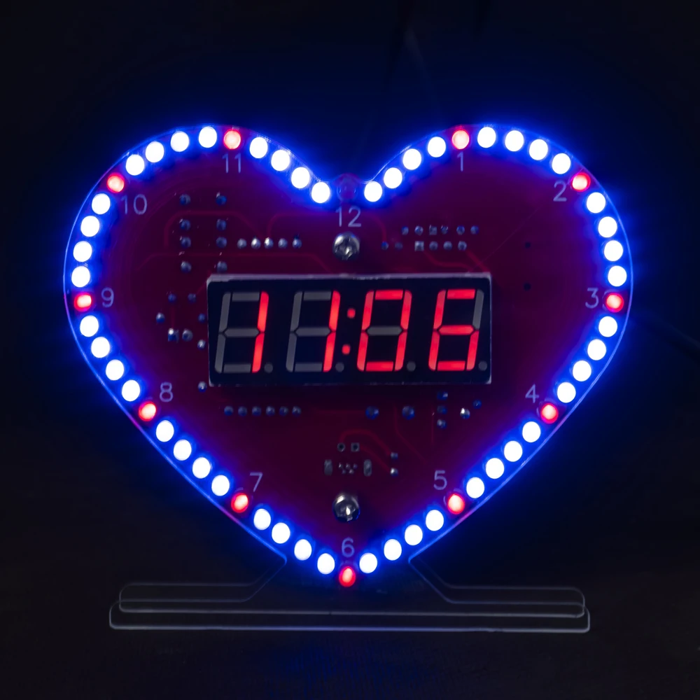 DIY Electronic Kit Multi-function Heart-Shaped LED Clock 4-digit Digital Tube Display PCB Soldering Practice Kit Micro USB DC 5V