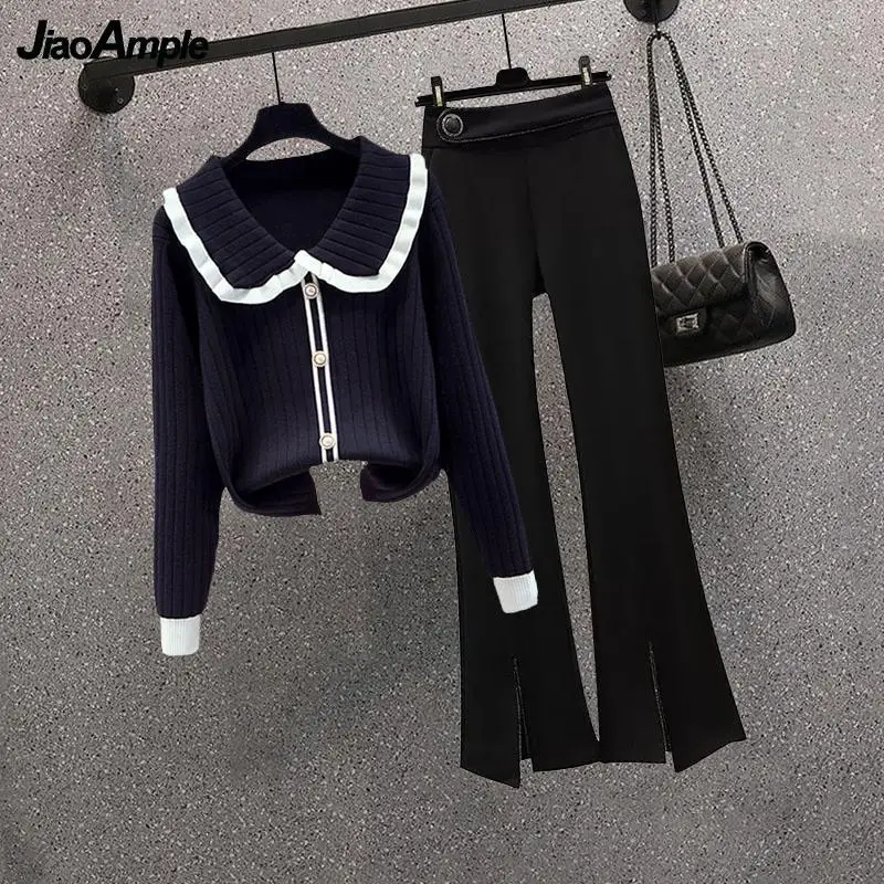 Women's Tracksuit 2024 Spring Autumn New Fashion Doll Neck Knit Long Sleeved Micro Flare Pants 2 Piece Female New Matching Set