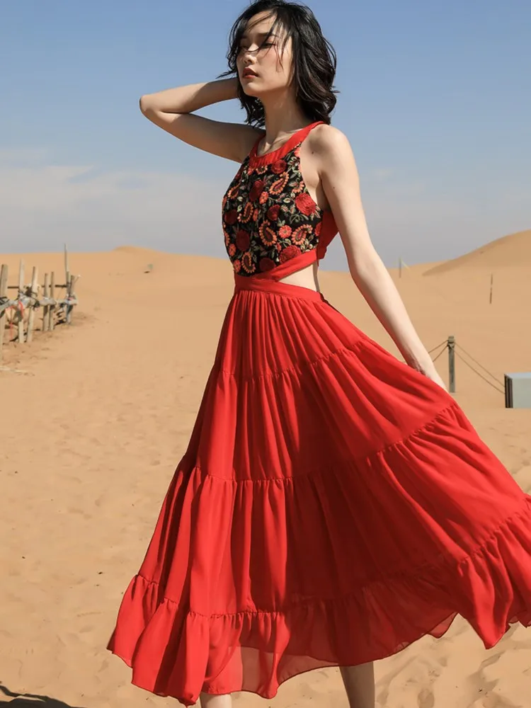 Jastie 2025 Abito estivo da donna in chiffon Abiti lunghi da spiaggia bohémien Abito lungo sexy con ricamo etnico Boho a vita cava