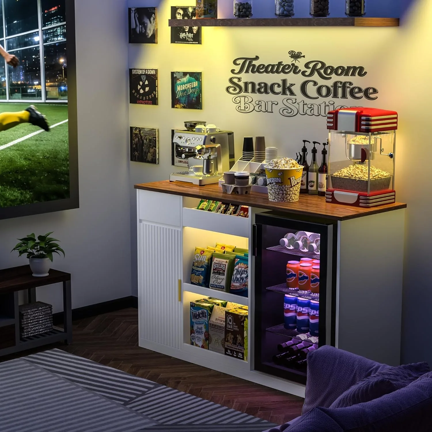 Snack Bar Cabinet with Fridge Space Storage and Display Shelf for Home Theater or Game Room 51 Inch White image 10