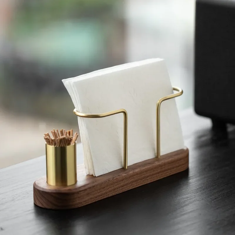 HeMu Walnut Wood & Brass 2-in-1 Napkin Holder with Toothpick Dispenser – Elegant Table Organizer for Kitchen, Dining Room & Cafe