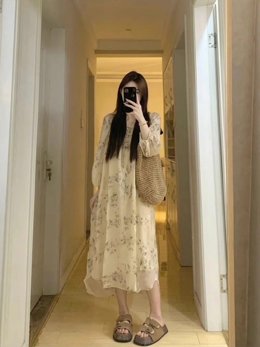 

plus Size Vintage Floral Print Chiffon Dress Women Summer Loose Fitting Knee-Length A-Line Skirt Style Casual Wear Polyester ...