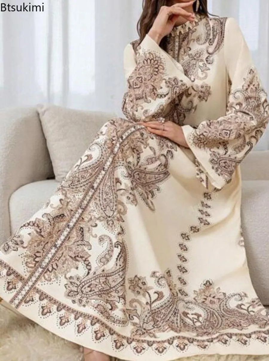 

2026 Women's Stand Collar Lantern Sleeve Maxi Dresses Vintage Print Elegant Robe Islamic Clothing Ramadan Muslim Fashion Abayas