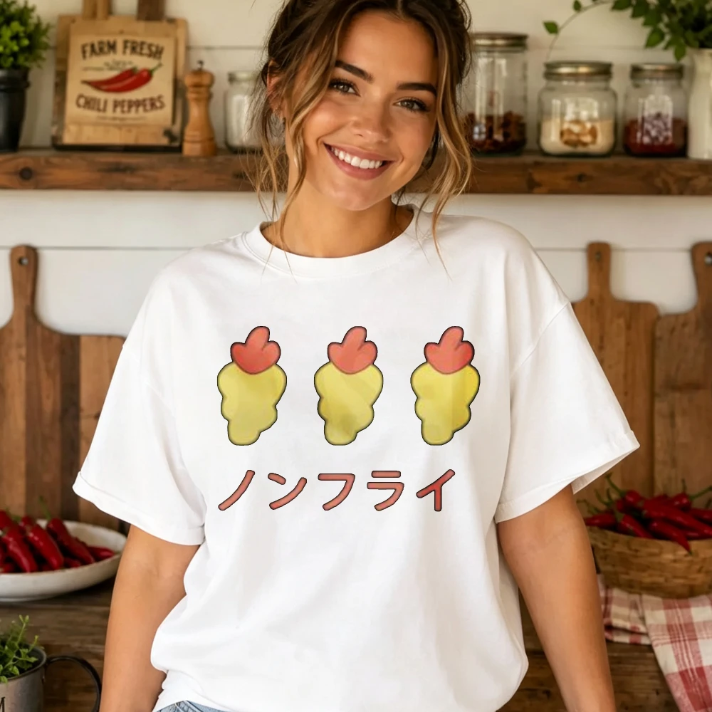 Kawaii Three Tempura Shrimp Cartoon with Japanese Text Print Women T Shirt Cotton Tee Minimalist Japanese Harajuku Basic Tops