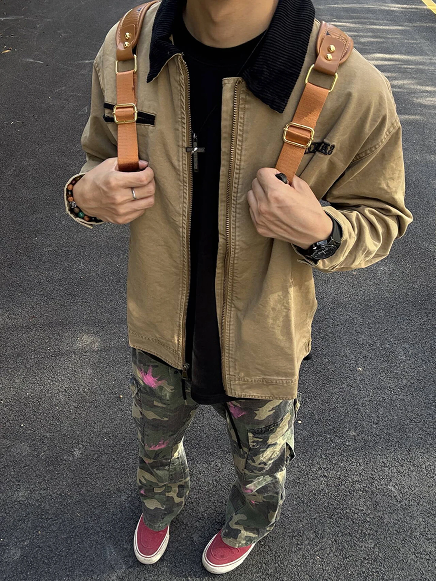 خمر ديترويت الرجال ort Jaet الكاكي ملابس العمل طوق الخريف أعلى الأمريكية الراقية الشعور تنفس رقيقة طويلة Sve