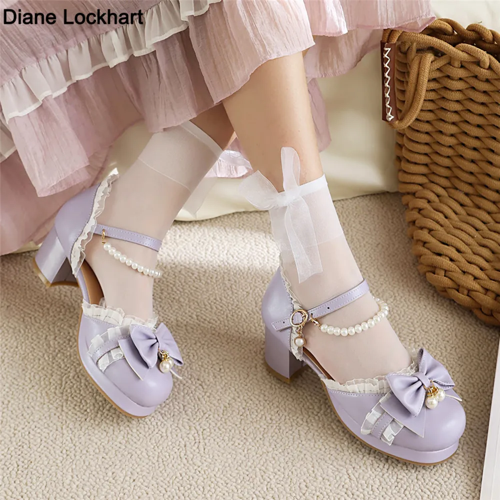 

2025 Women High Heels Cross Strap Beads Mary Jane Pumps Party Wedding White Pink Black Ruffles Bow Princess Cosplay Lolita Shoes
