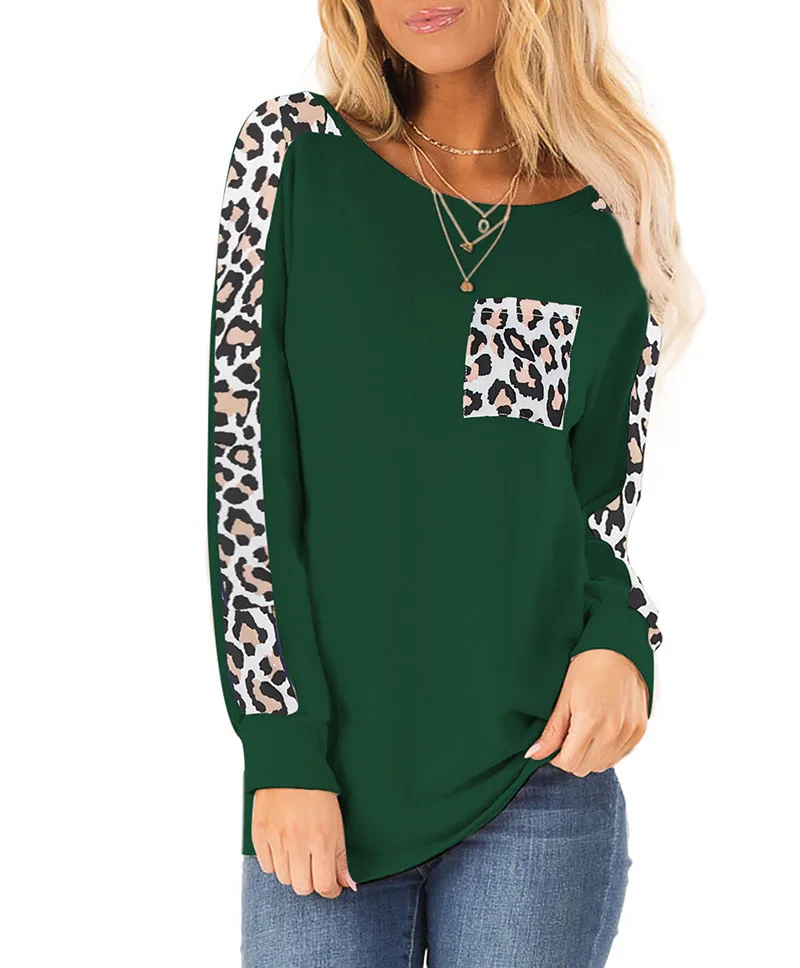 Autumn new long sleeved leopard print patchwork top pocket round neck pullover t-shirt popular