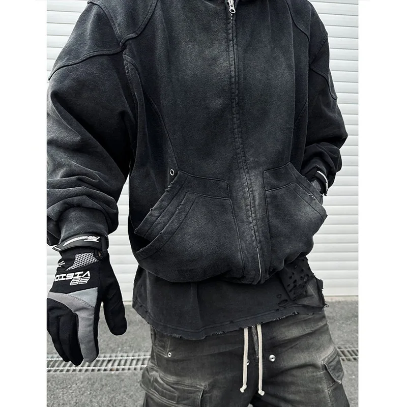 Autumn Winter Double Line Washed Worn, Ripped Hole, Shoulder Zipper Hoodie, Hooded Loose Cardigan