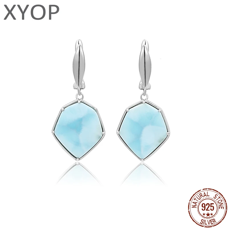 XYOP Hot sale Geometry Streamlined Long 925 Sterling Silver Jewelry Girl Natural Precious Larimar Earrings for Women