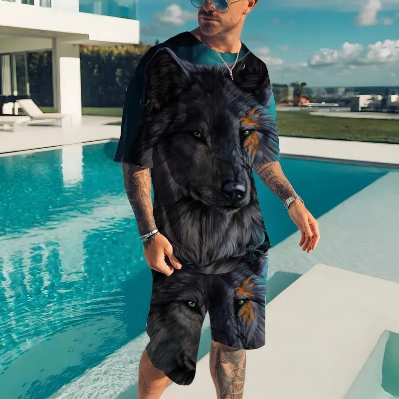 Fashion Summer New Men's Animal T-shirt Set 3D Printed Animal Pattern Sportswear Set Men's Sweatshirt T-shirt Two Piece Sets