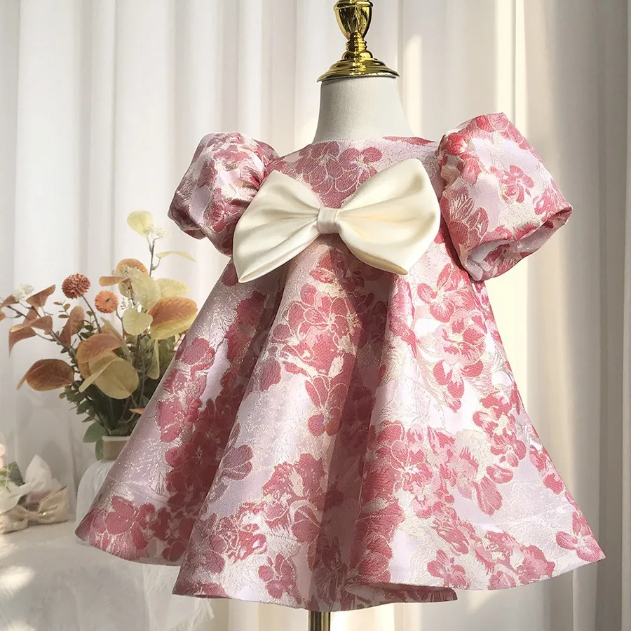 Baby Dress Girl's Birthday Photo Bubble Sleeve Fashionable Printed Satin Princess Fluffy Dress