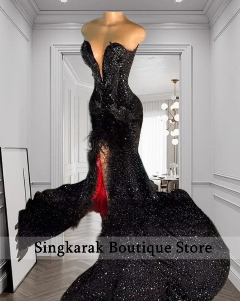 

Glitter Black Prom Dress Luxury Black Girl 2026 Glitter Diamond Feathers Slit Birthday Evening Gowns Special Occasions Customize