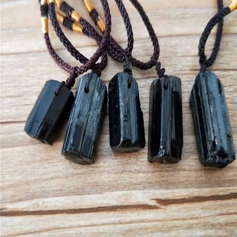 Natural Black Tourmaline Rough Pendant Necklace Irregular Black Tourmaline Cylinder Rough Stone Personality Necklace Jewelry