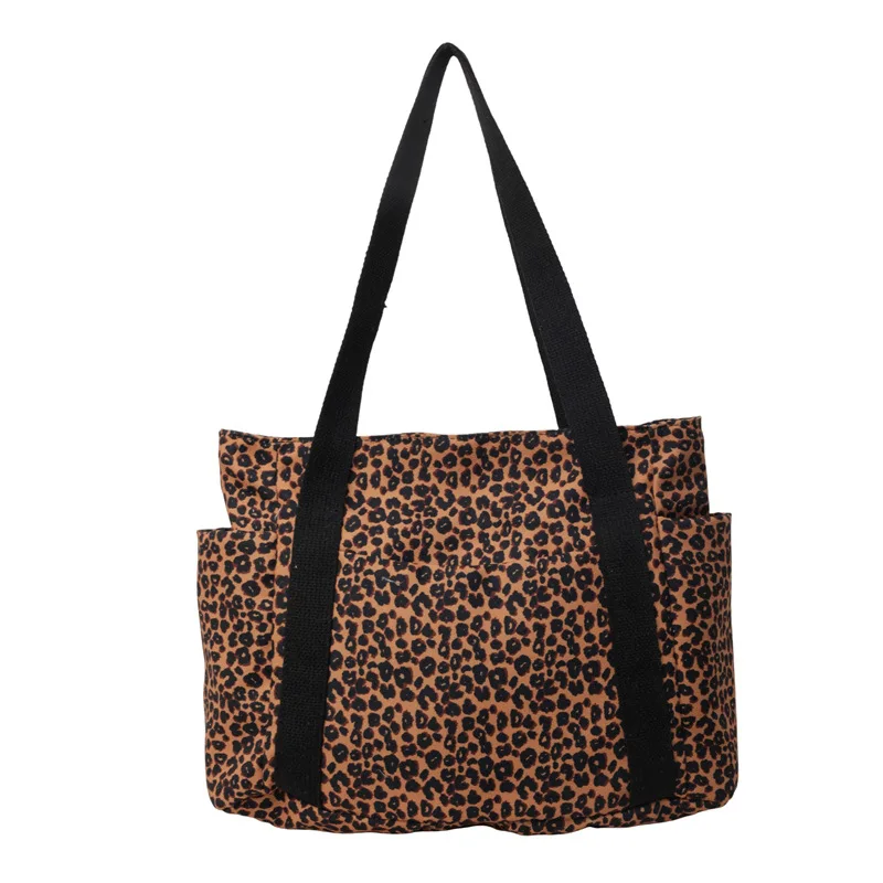 Bolsa de ombro de lona leopardo para mulheres sacolas de grande capacidade, bolsa casual, viajante universitário, praia, viagem, moda, 2024