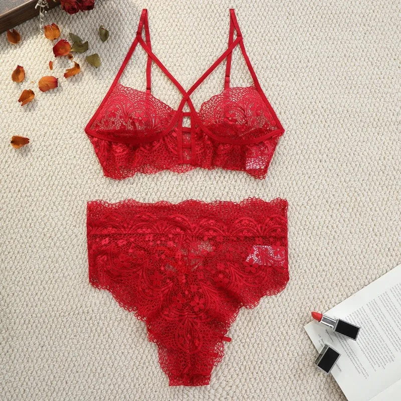 

Victoria Underwear Panty Two Piece Set Lace Sexy Lingerie Private See-through High-waisted Triangle Underwear Romantic Bra Red