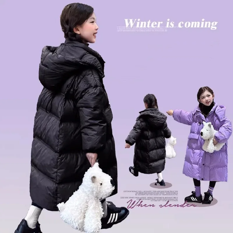 

Winter Warm Girls Plain X-Long Hooded Zipper Drawstring Puffer Jackets School Kids Thick Coat Children Outfit Windbreaker 5-16Yr