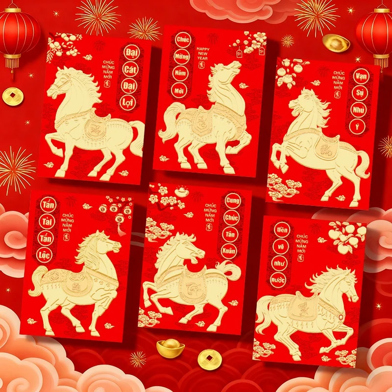 6 قطعة السنة الجديدة الفيتنامية المغلف الأحمر مهرجان الربيع الصيني محظوظ الأحمر المغلفات 2026 فيتنام هونغباو المال جيب الإمدادات #4