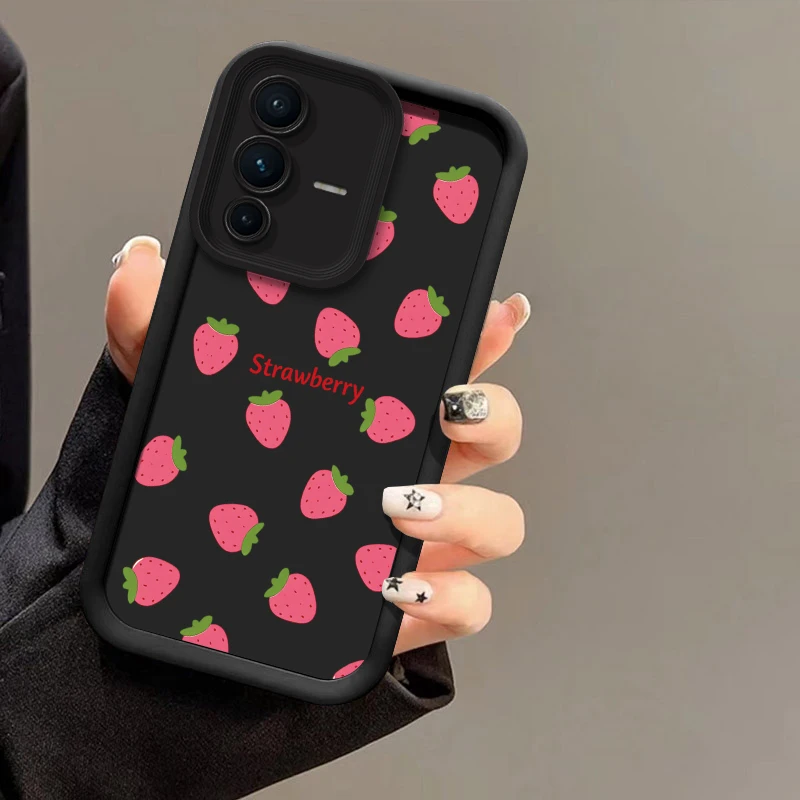 Silicone Phone Case For Vivo V70 FE V60 Lite V30 SE V30E V29 V27E V25 V23 V50 V40 Pro Strawberry Pattern Shockproof Soft Cover view 5