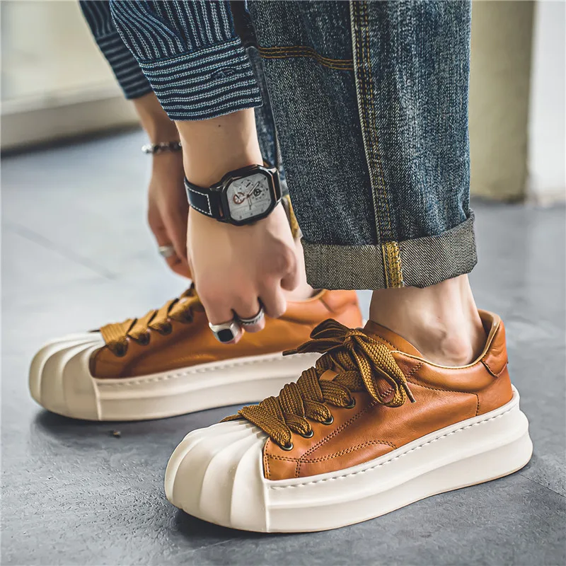 Fashion Brown Shell Toe Shoes Men 2024 Designer  Leather Sneakers Men Breathable Mens Vulcanized Shoes