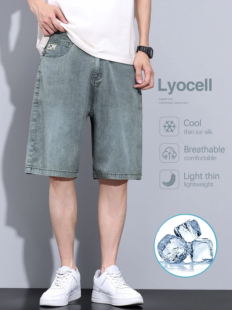 

Summer Lyocell Short Jeans Men's Fashion Korean Loose Ice Silk Shorts Soft Cool Comfortable Breathable Knee-length Denim Pants