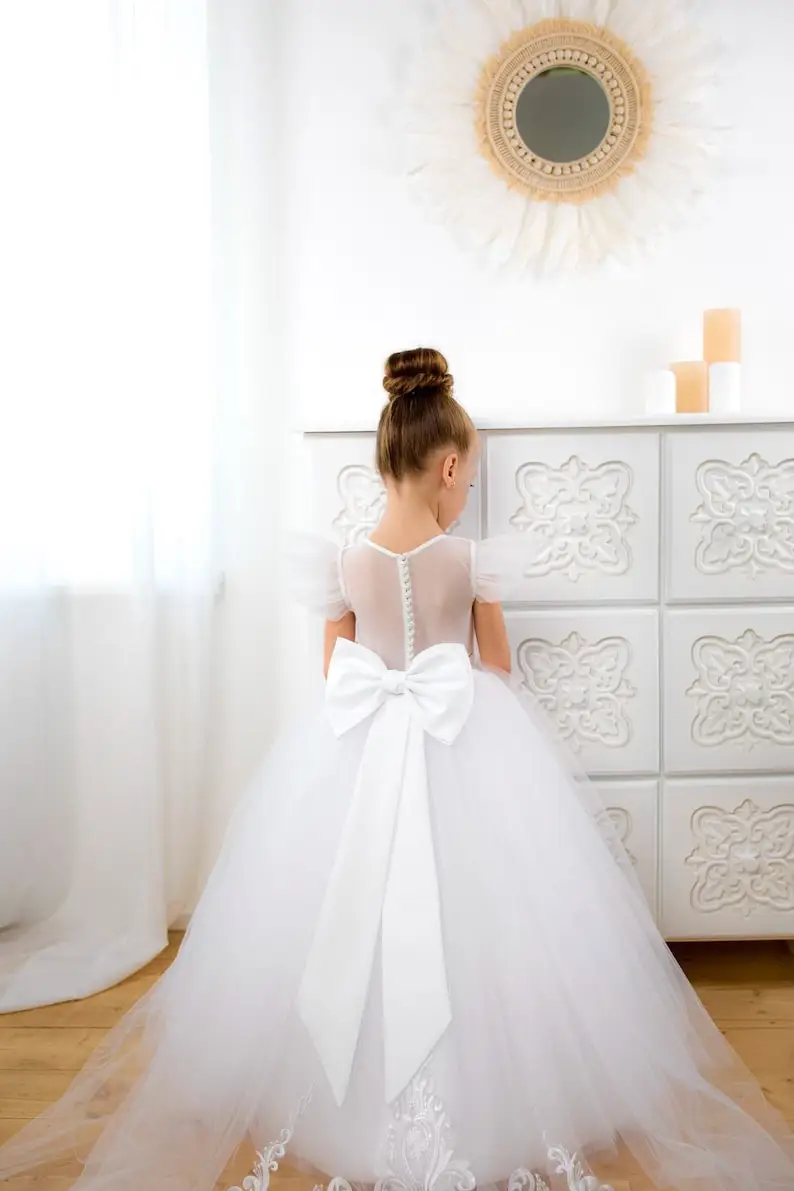 فستان فتاة الزهور البيضاء فستان زفاف الأميرة وصيفة العروس الصغيرة الطفل مفتوح الظهر فستان فتاة فساتين الحفلات المسائية #2