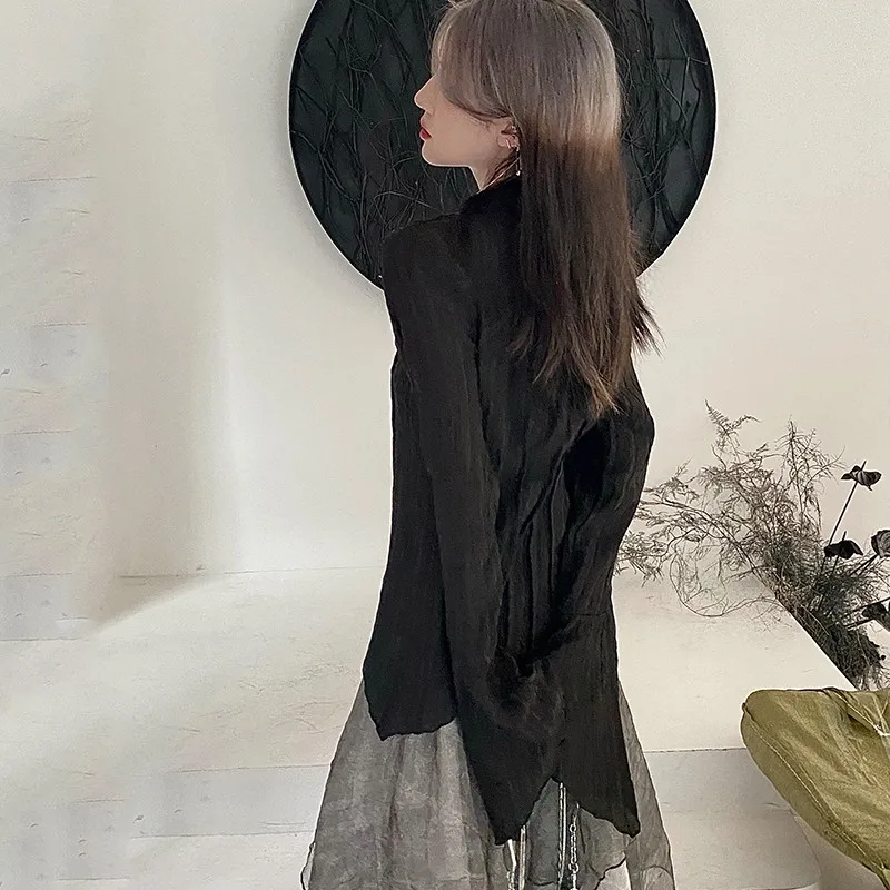 Gothic Black Shirt Women Dark Aesthetic Irregular Blouse Y2K Designer Style Alt Emo Grunge Tops view 5