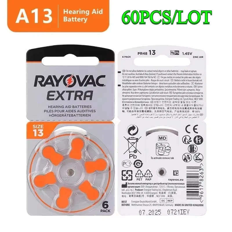 

60 pcs A13 Hearing Aid Batteries 1.45v Rayovac Extra Zinc Air Hearing Aids BatteryFor BTE CIC RIC