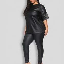 Women's PU Faux Leather Sexy Leggings, Short Loose Tops, Plus Size Shirts, Pencil Pants, Plus Size, 6XL, 7XL, 2023