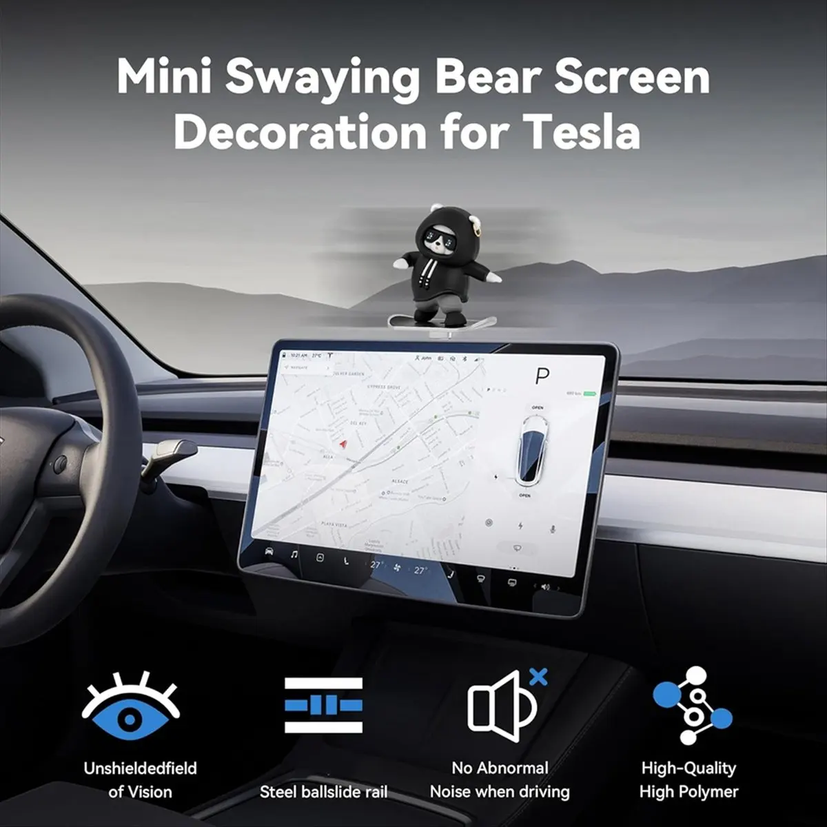#22M (Black & Silver)Slidable Skateboard Bear Control Screen Decoration for Tesla Model Y,Automotive Parts & Accessories