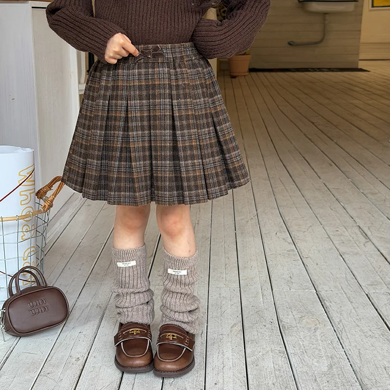 Baby Girls 2025 Festive Atmosphere Dress Retro College Version Woolen Plaid Half Body Pleated Skirt