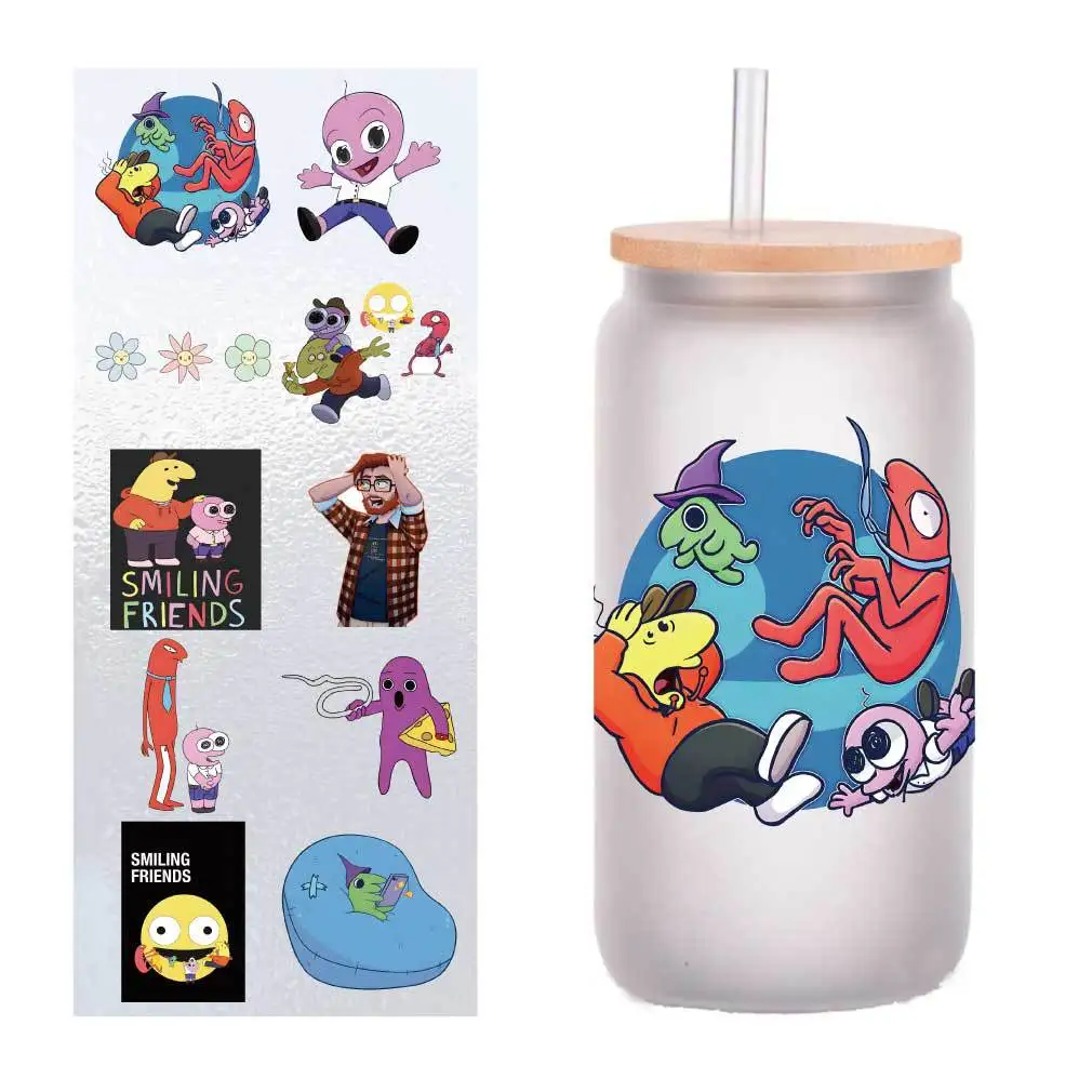 

10 pieces/pack cartoon smiling friends UV transfer stickers Crystal label glass stickers customized four inches.