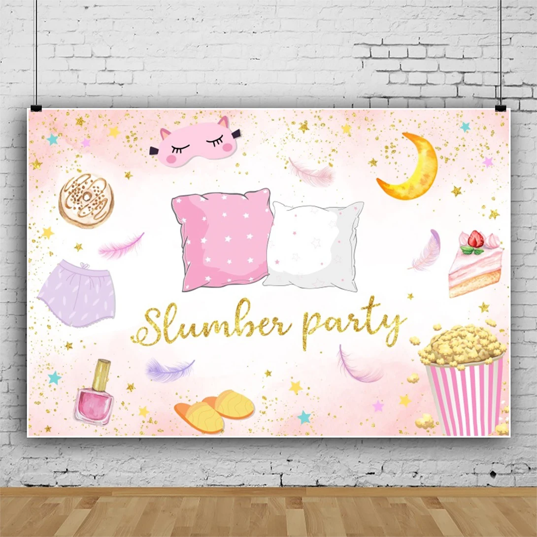 Laeacco Sleepover Party Backdrop Pajamas Pillow Fight Pink Girl Slumber Party Decor Baby Shower Portrait Photography Background