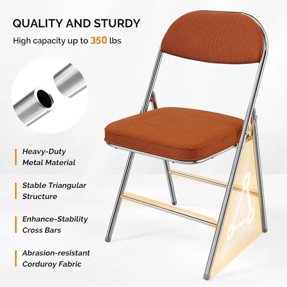 6 sztuk składanych krzeseł z wyściełanym siedziskiem i oparciem, metalowa rama, wytrzymała tkanina sztruksowa, udźwig 158 kg, zestaw 6 sztuk, pomarańczowy – Id