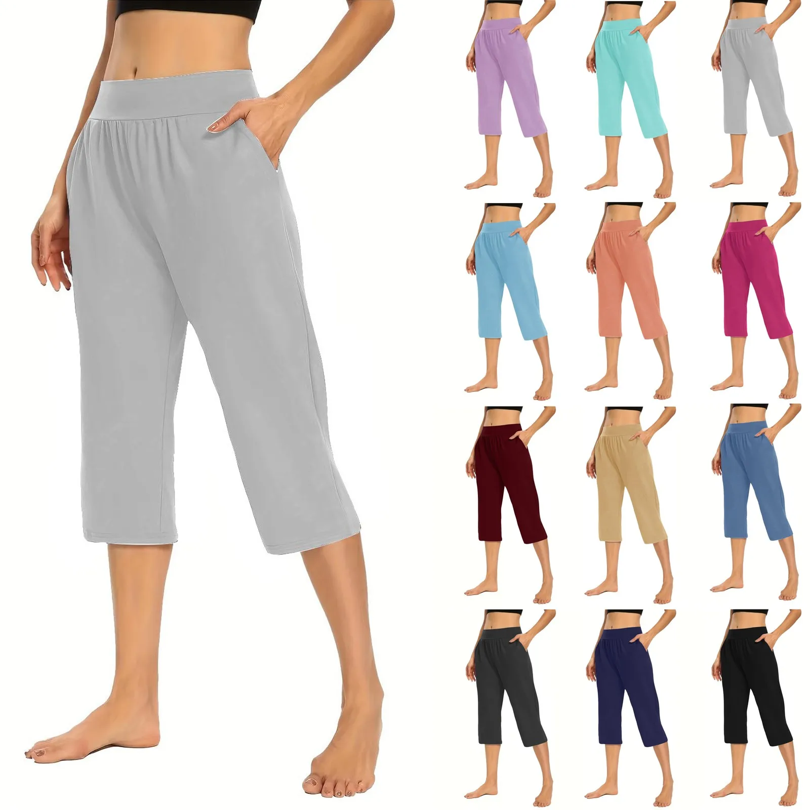 Pantalones elásticos de cintura alta para mujer, Capris deportivos informales, holgados, de Color liso, 3/4