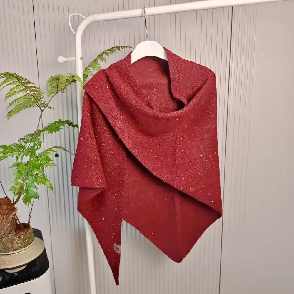 Women Fashion Winter Warm Woolen Shawl High End Korean Sequin Triangular Scarf Thermal Mongolian Poncho
