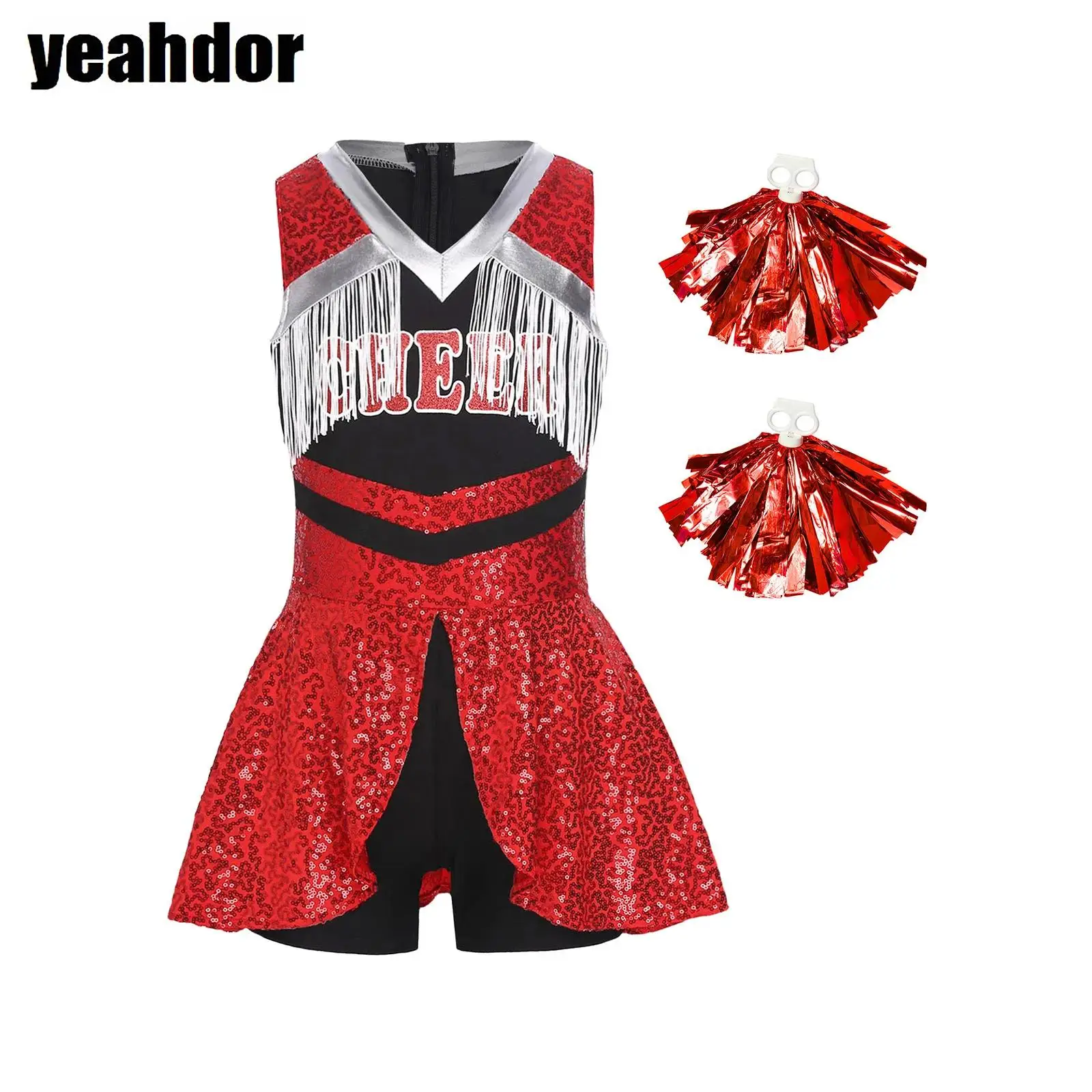 

Girls Cheerleading Uniform V Neck Sleeveless Sequin Tassels Boyshorts Jumpsuit And Hand Flowers Sport Meeting Cheerleader Outfit