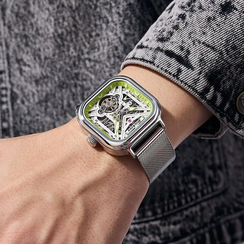 Genuine Dickies Square Mechanical Watches Trendy Fashion Luminous Hollow Waterproof CL-729