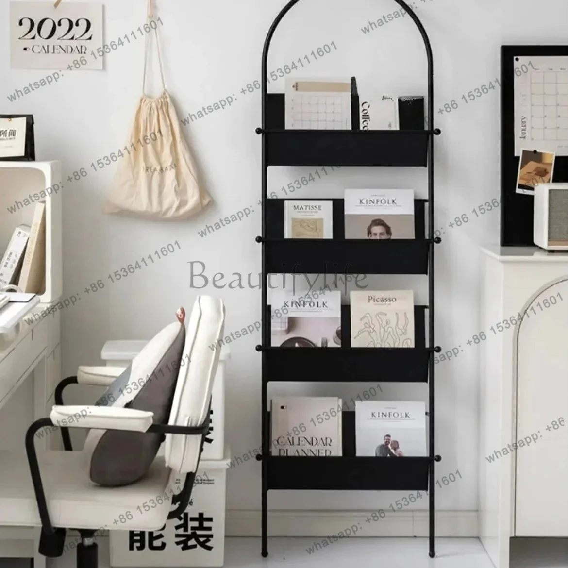 zj Black Medieval Magazine Rack, Newspaper Rack, Floor-to-ceiling Wrought Iron Wall Shelf, Living Room Book Ornament Display Ra