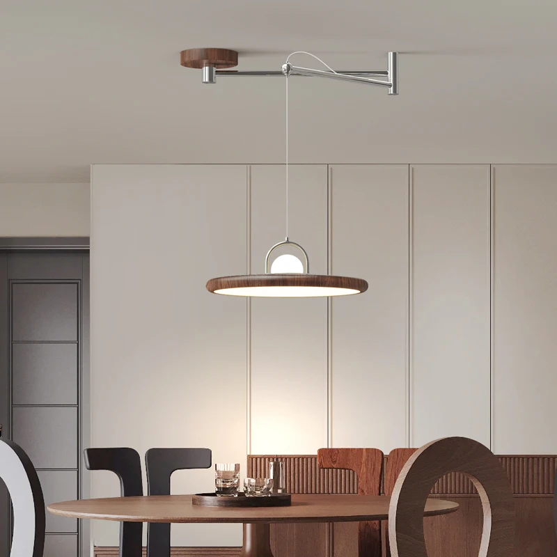 Led Restaurant Pendant Lights Rocker Arm Walnut Wood Grain Retro Dining Table Bar Round Chandelier Simple Interior Lighting Lamp