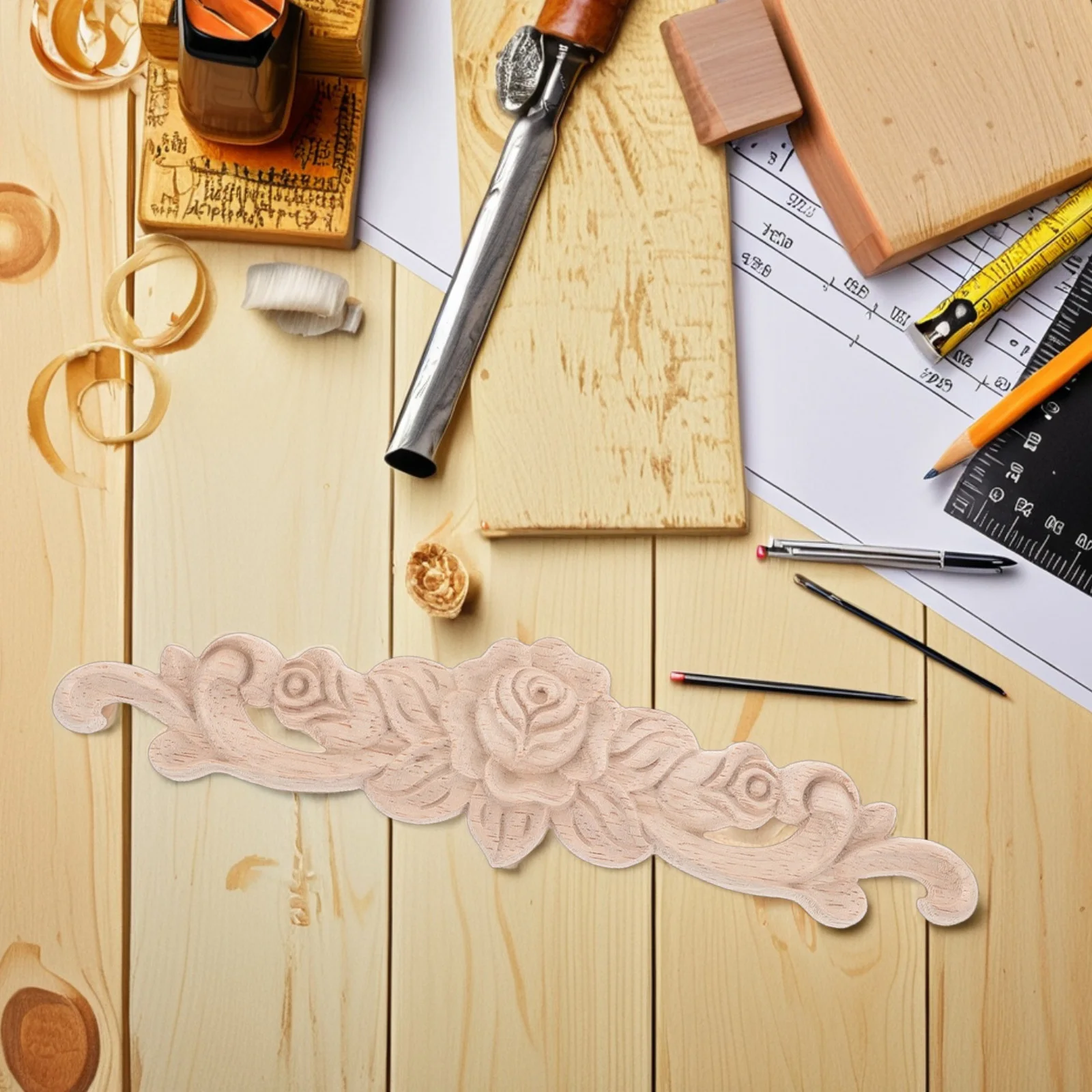 

5Pcs Wood Carved Rose Applique Unpainted Decorative Onlay for Furniture Door Cabinet Bed Home Embellishment DIY Craft Frame