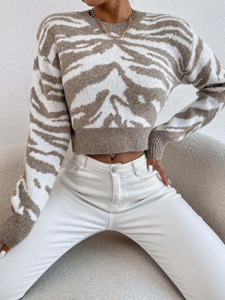 Women Short Sweaters Autumn Winter Leopard Basic O Neck Knitted Pullover Ladies Fashion Crop Top Knitwear Elegant Jumper