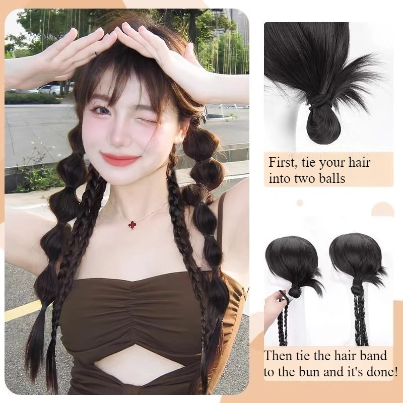 فقاعة مضفر ذيل حصان شعر مستعار اصطناعي تمديد إكسسوارات الشعر للنساء مع الشعر التعادل جديلة ذيل حصان الملاكمة تويست خصلات شعر #3