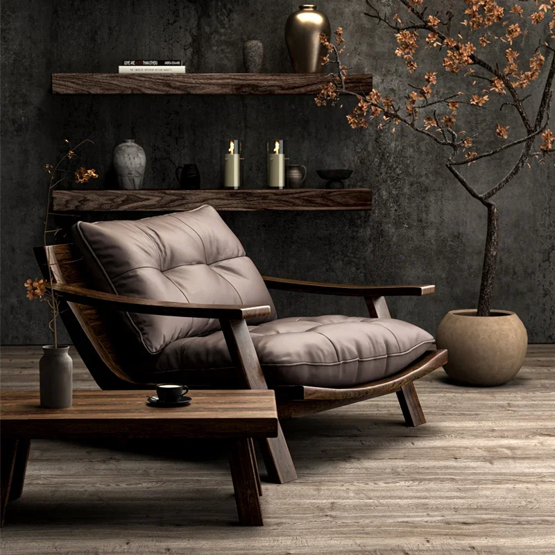 

Solid wood leisure retro leather single sofa designer tea chair book