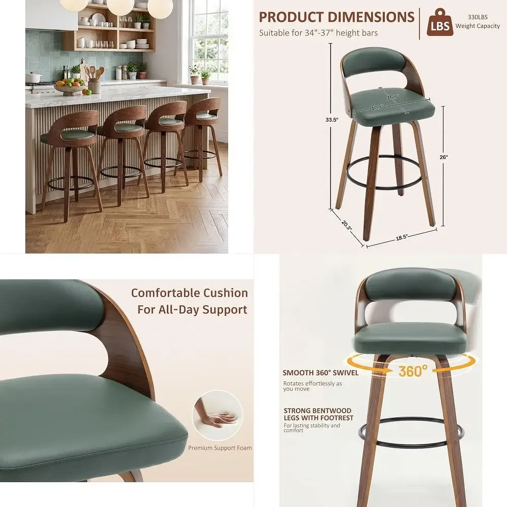 

Chairs Set of 4, Mid Century Modern Faux Leather Kitchen Side Chairs with Upholstered Seat and Walnut Bentwood Legs Back for Di