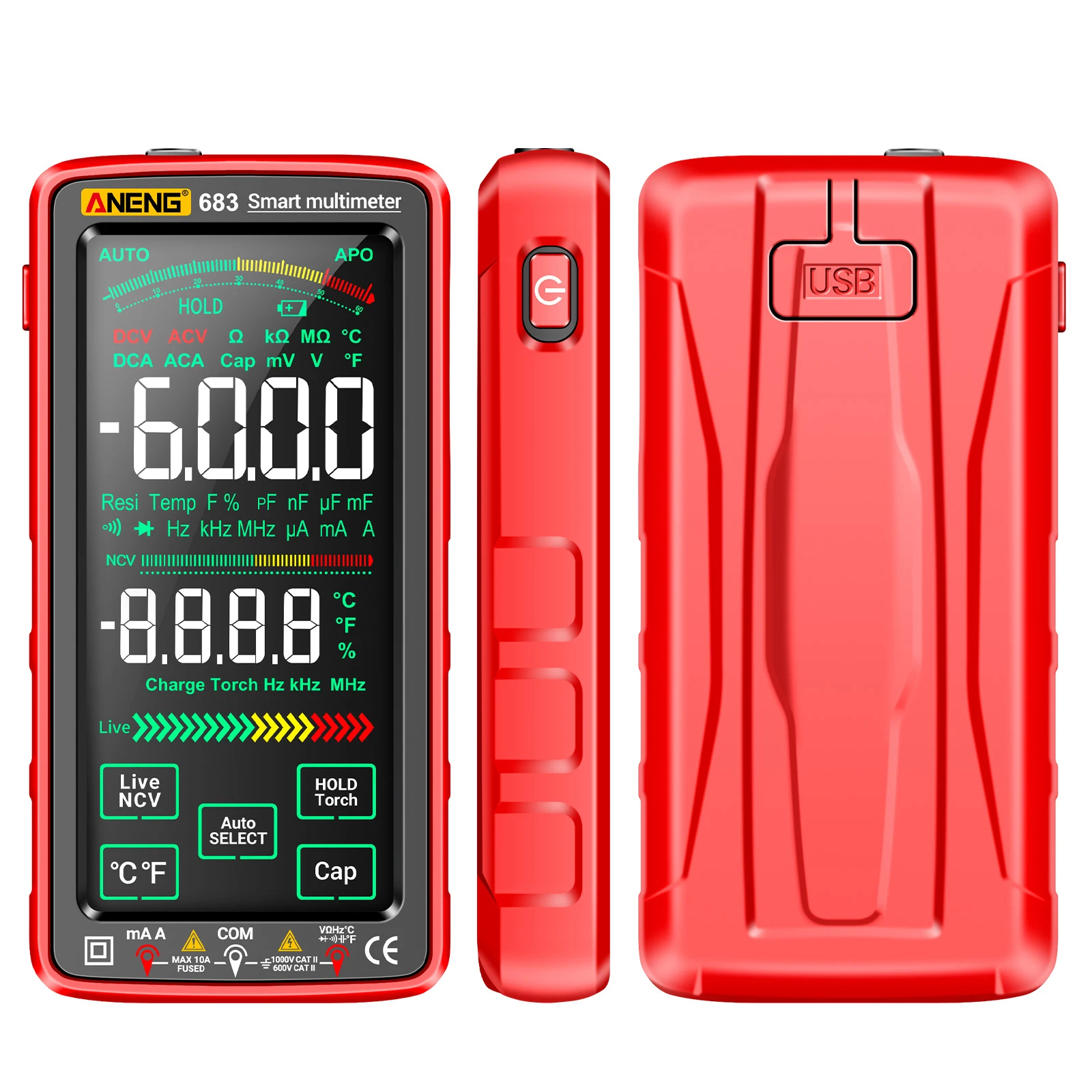 ANENG 683 6000 Counts Large Touch Screen Digital Multimeter Smart Anti-burn Rechargeable Universal Meter Reverse Display Tester