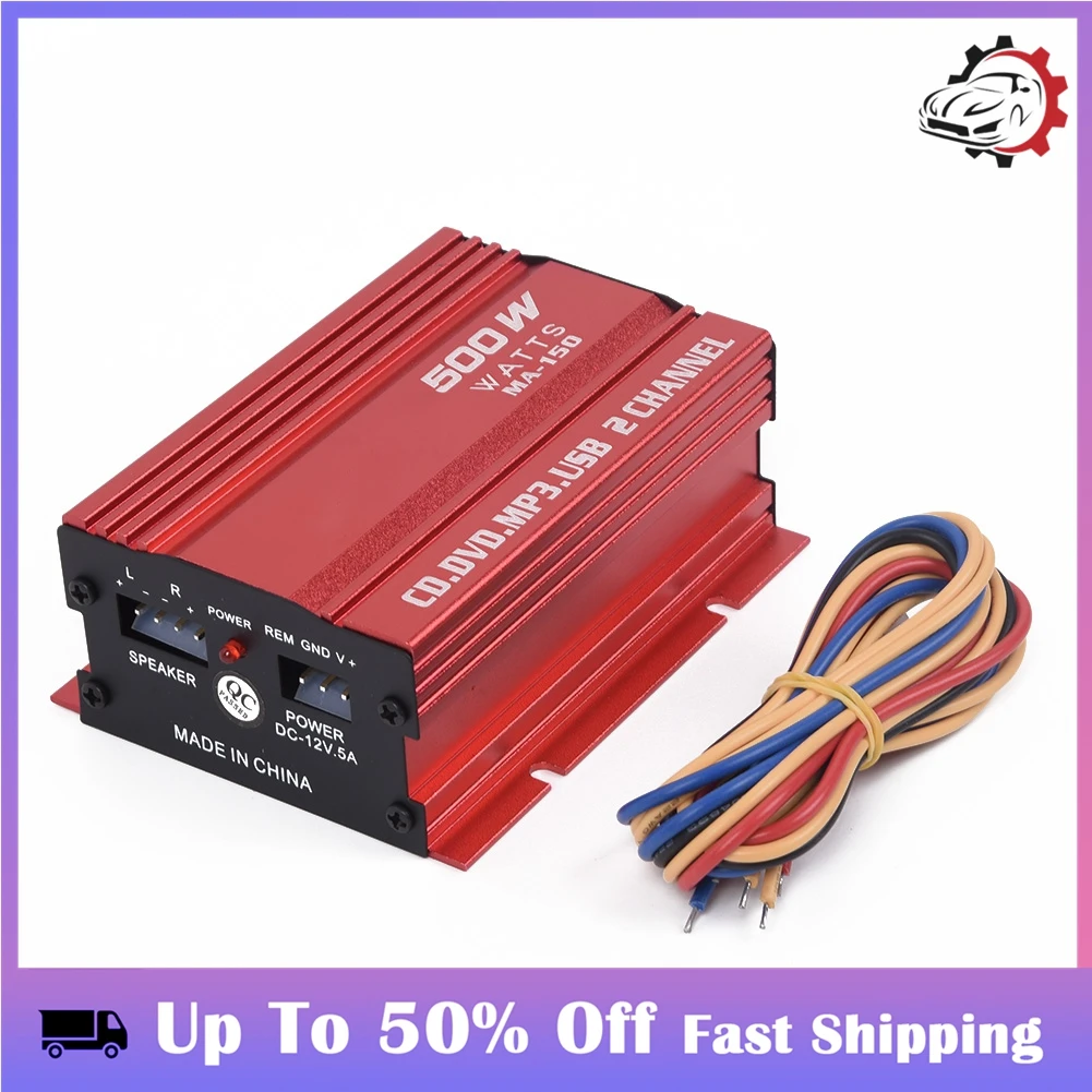 

1Set Car 12V 500W 2 Channels Mini Hi-Fi Stereo Audio Amp Subwoofer Aluminum Alloy Red Power LED USB Charging L/R Input