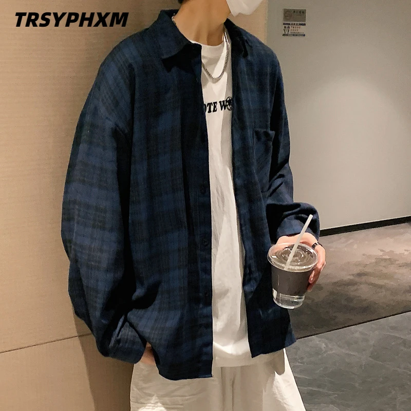 

TRSYPHXM 2024 new American retro checkered shirt men's long sleeved trendy casual shirt autumn cool top coat