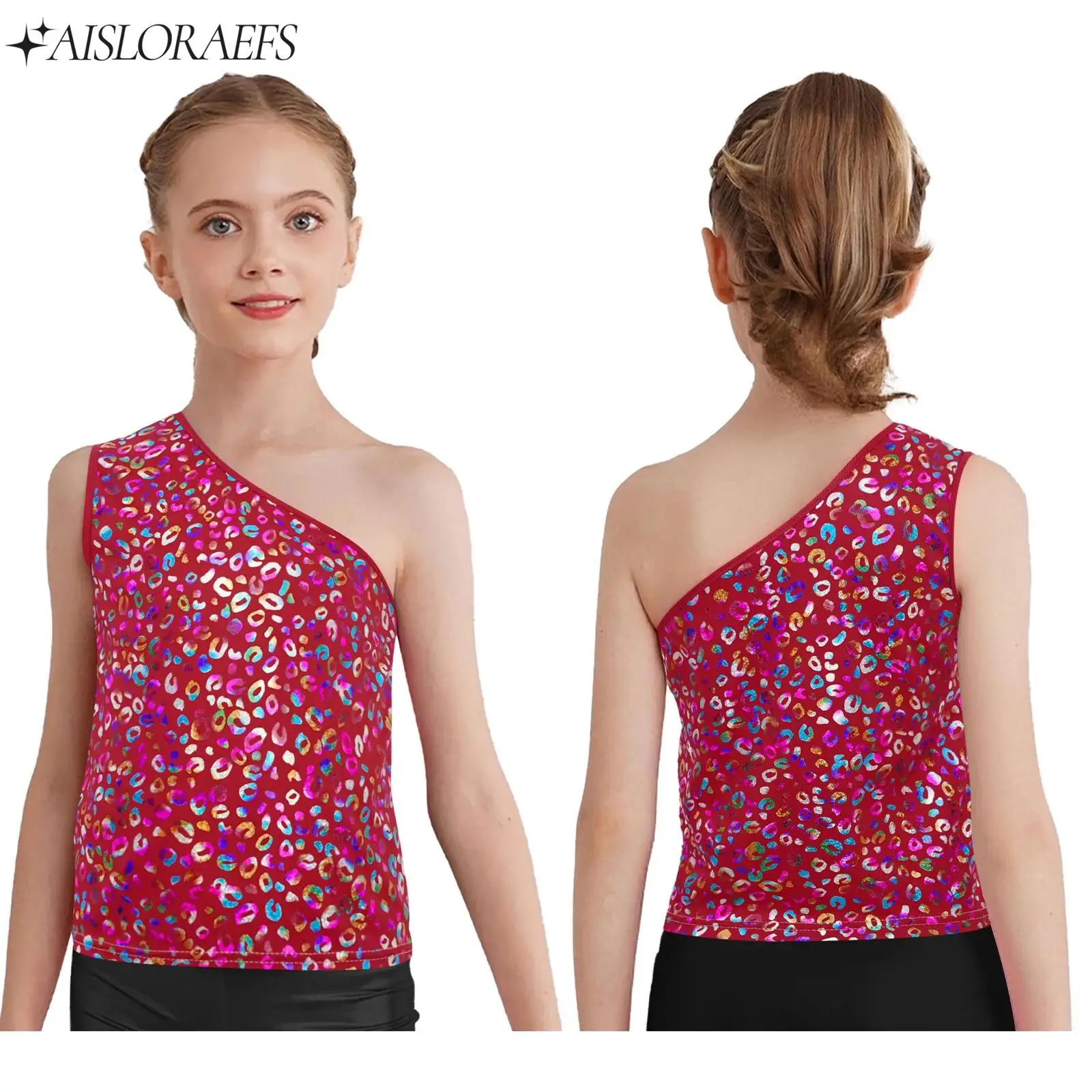 

Kids Girl Jazz Hip-hop Dance Costumes Metallic Leopard Cheerleading Performance Vest One Shoulder Sleeveless Tank Top Dancewear